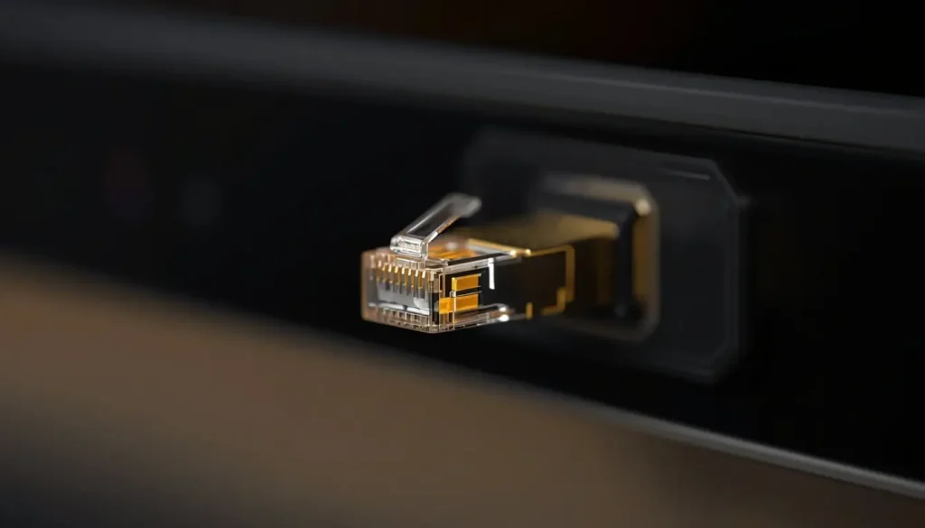 Branchement d'un câble Ethernet RJ45 sur un adaptateur pour stabiliser la connexion réseau