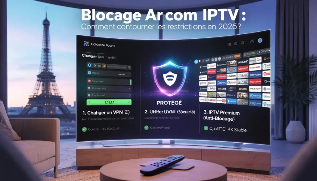 Contourner le Blocage ARCOM IPTV en France : Le Guide Pratique 2026
Vous êtes tranquillement installé pour regarder votre match ou votre série préférée, et soudain, écran noir. Si votre connexion internet fonctionne parfaitement mais que vos chaînes sont inaccessibles, vous êtes probablement victime d’un blocage ARCOM IPTV.En effet, depuis le renforcement des lois numériques en France, de nombreux fournisseurs d’accès à internet (Orange, Free, Bouygues, SFR) bloquent l’accès à certains serveurs. Heureusement, il existe des méthodes simples et légales pour retrouver un streaming fluide. Découvrez nos 3 solutions infaillibles pour 2026