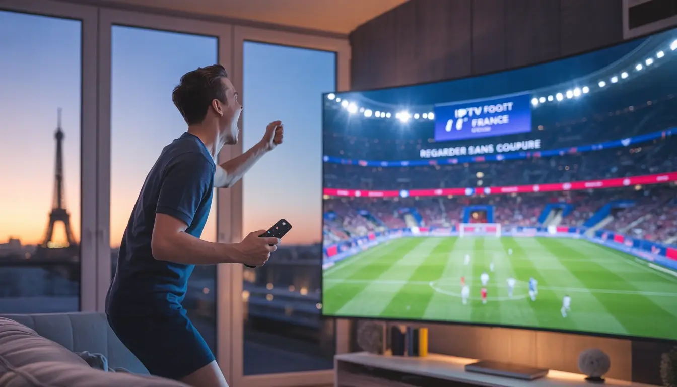 Fan de football célébrant un but devant une Smart TV en 4K avec l'IPTV Foot France.