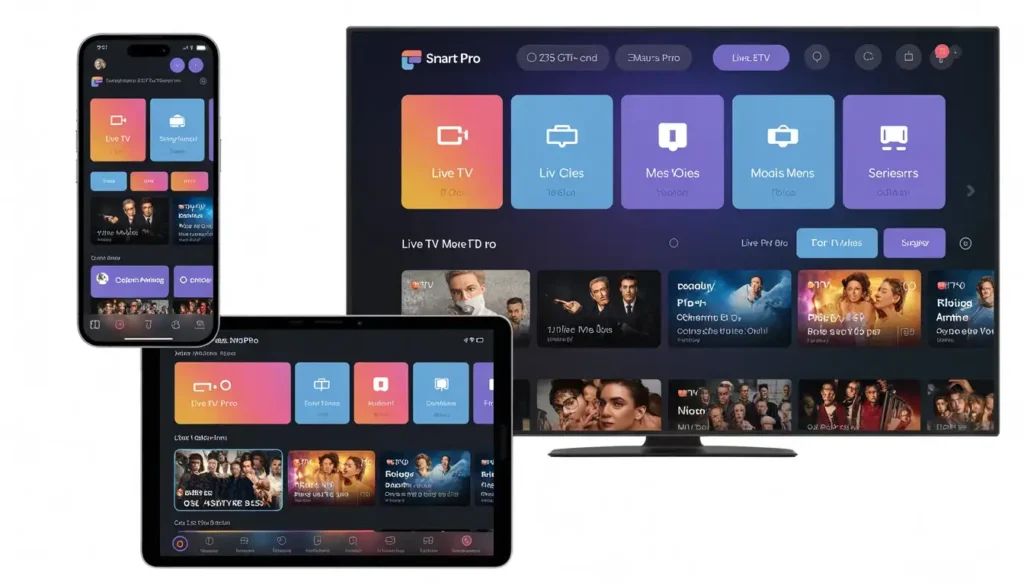 Application IPTV Smarters Pro fonctionnant sur smartphone, tablette et TV.