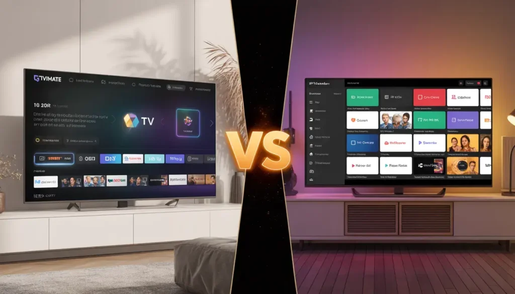 Comparaison visuelle entre l'interface TiviMate et IPTV Smarters Pro sur une Smart TV.