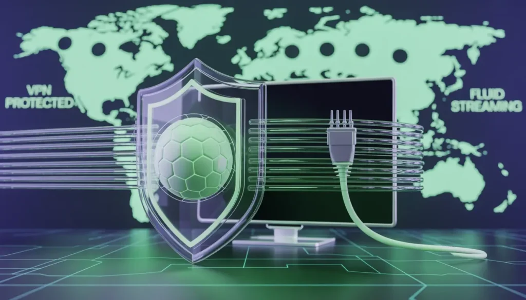 Rendu 3D d'une connexion IPTV protégée par un VPN pour le streaming fluide du football.
