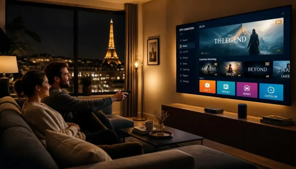 Une famille française profite d'un streaming 4K fluide avec un boitier IPTV Amazon
